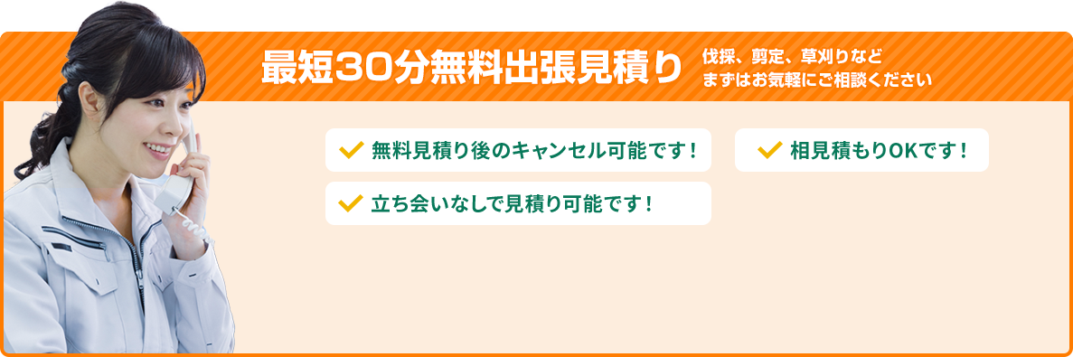 伐採、剪定、草刈りなどまずはお気軽にご相談ください 最短30分無料出張見積り 無料見積り後のキャンセル可能です! 立ち会いなしで見積り可能です! 相見積もりOKです!